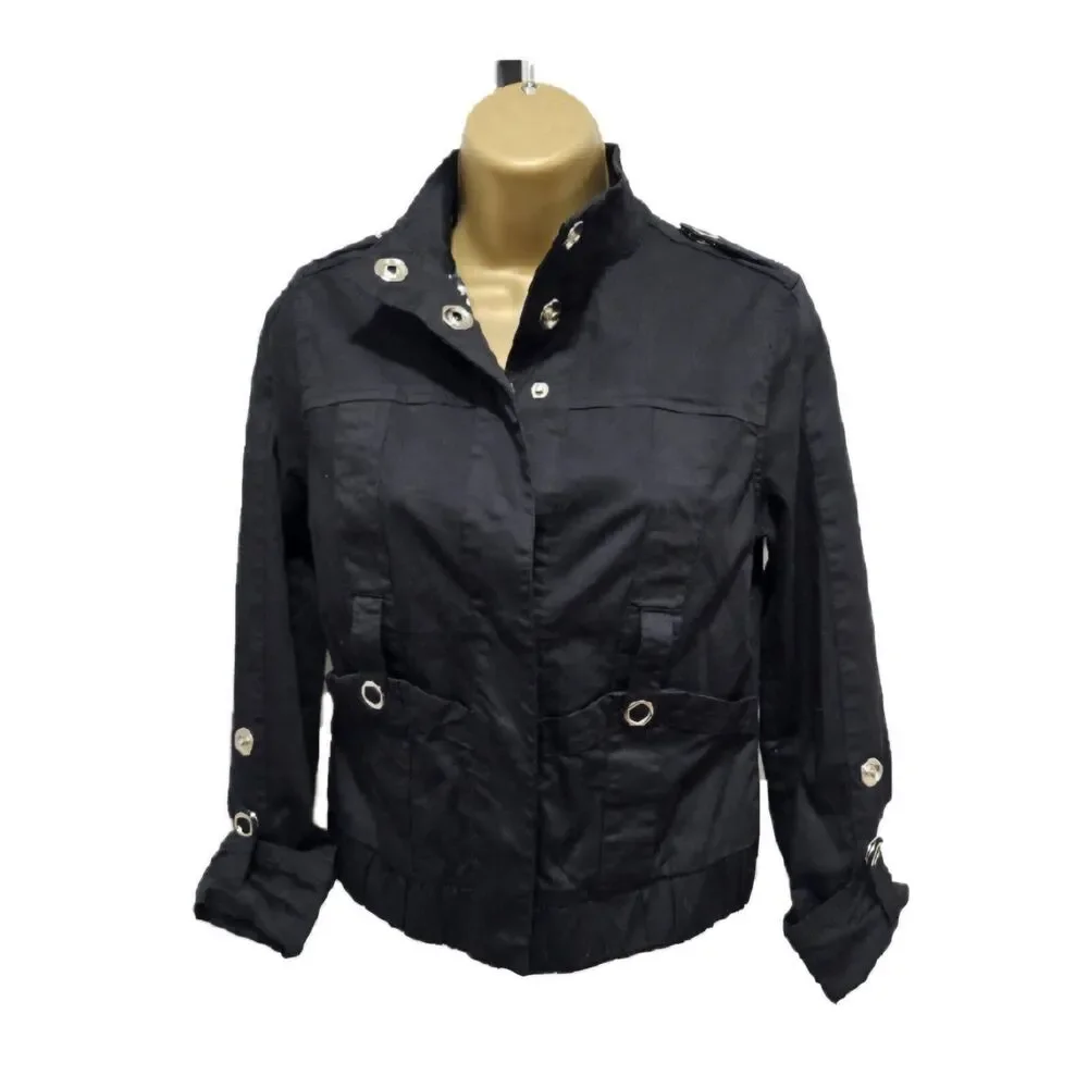 Cyber Moto Black Jacket Women's Medium Stretchy Pockets Snaps Edgy Rocker Biker